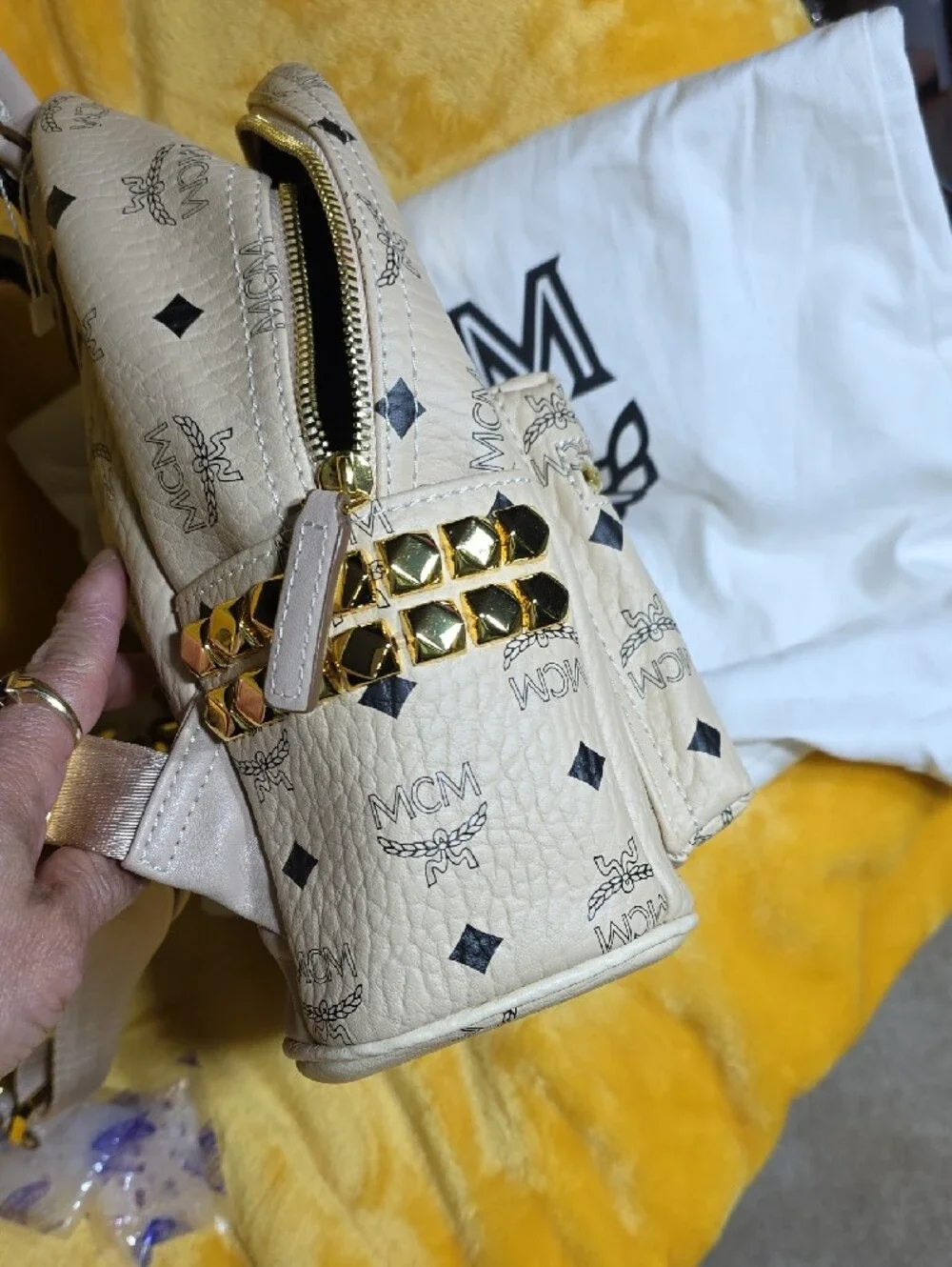 Authentic MCM Beige Logo Print Mini Backpack